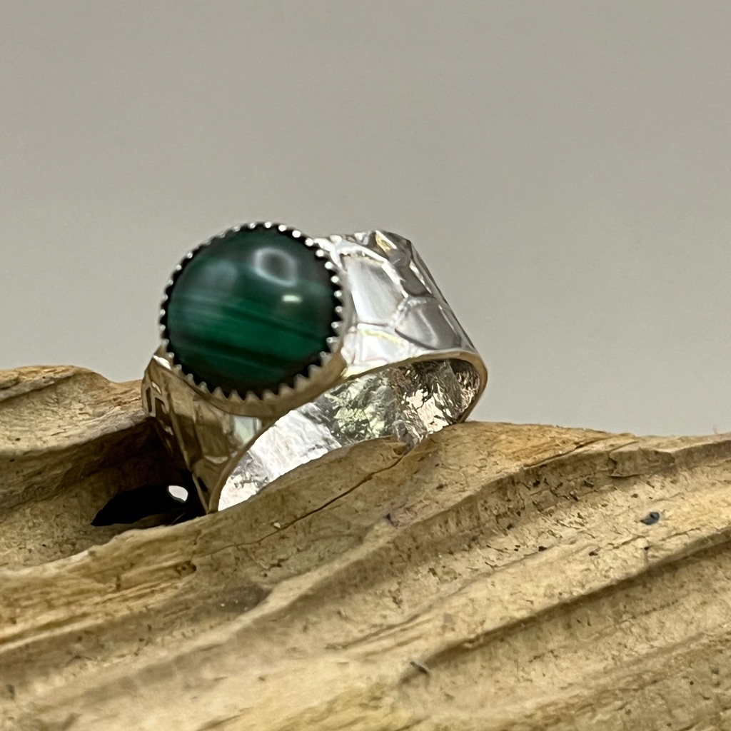 Malachite Green Gemstone Sterling Silver Ring With Intricate Detailing
